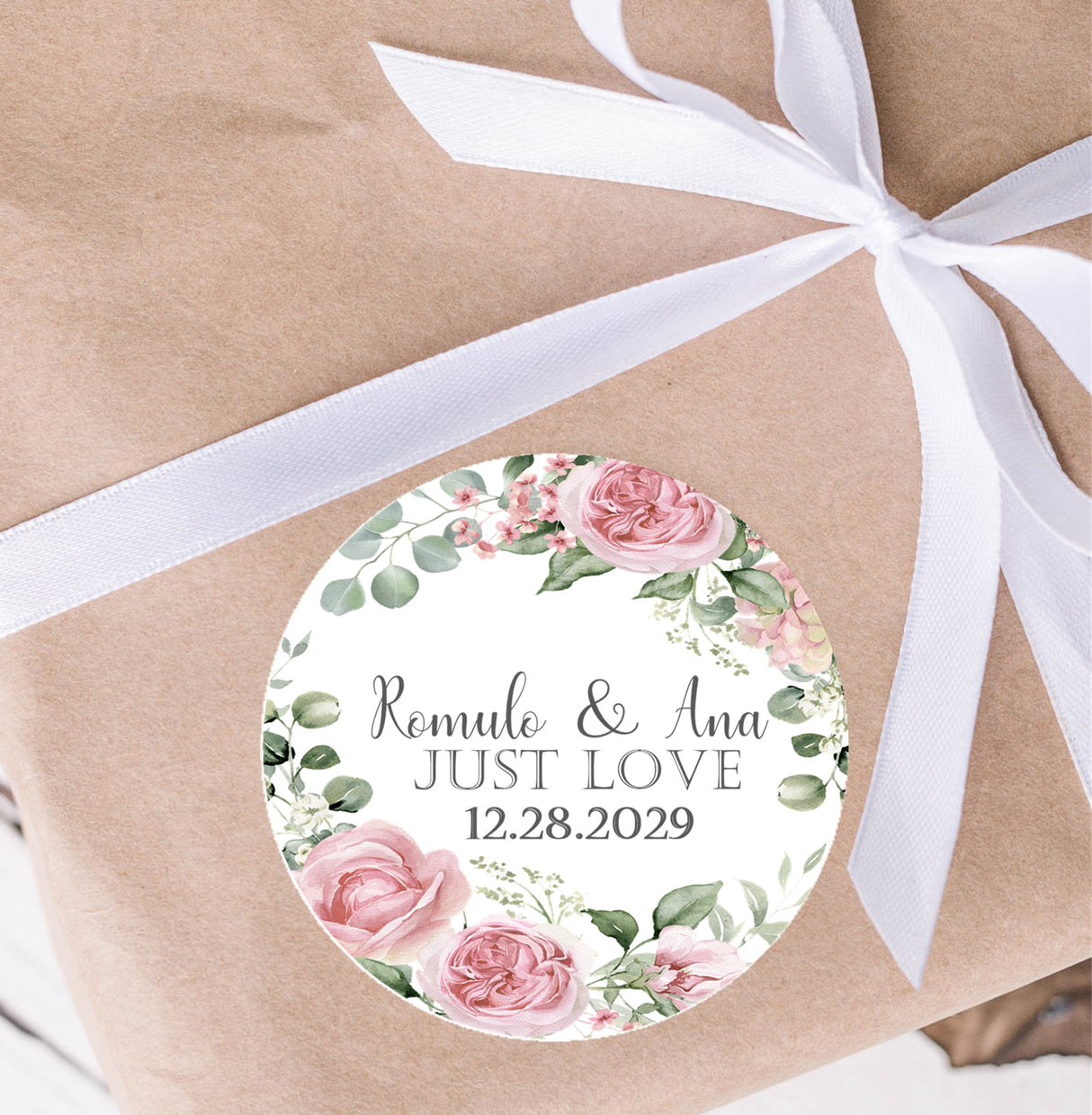 custom blush wedding sticker with names and date