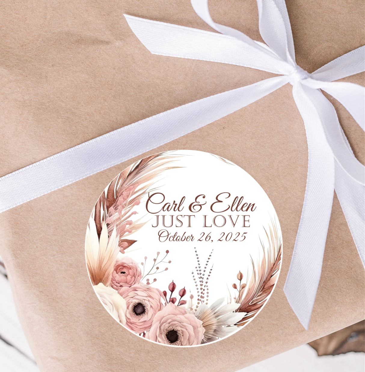 custom boho wedding sticker with pampas grass and names