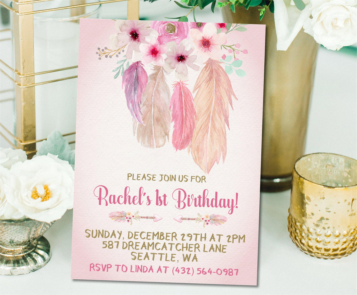 dreamcatcher invitation cards girls birthday celebration style