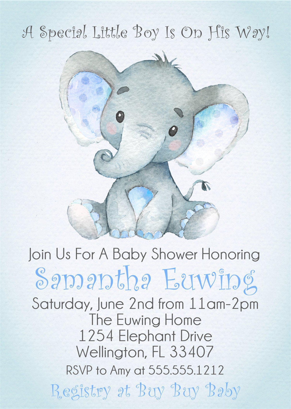 elephant baby shower invitations pastel blue watercolor design