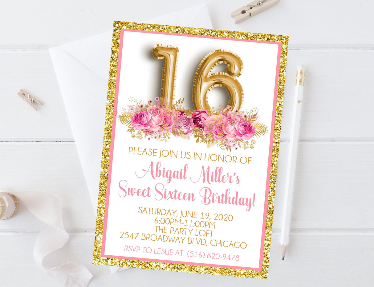 floral sweet sixteen invitations elegant pink theme