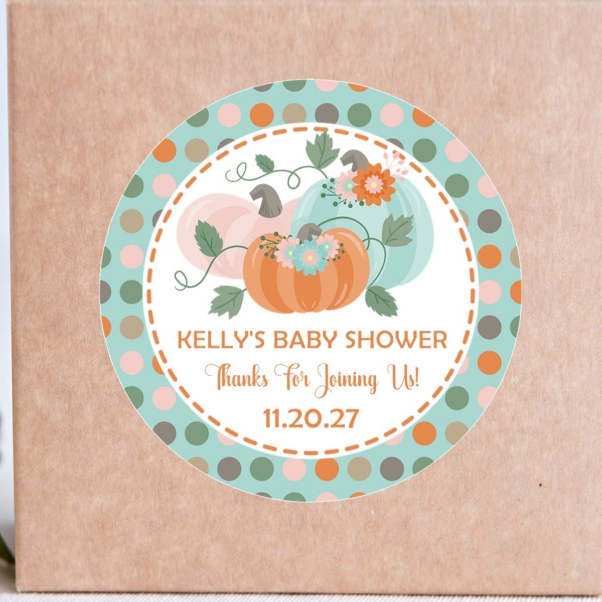 gender neutral pumpkin baby shower sticker with polka dots