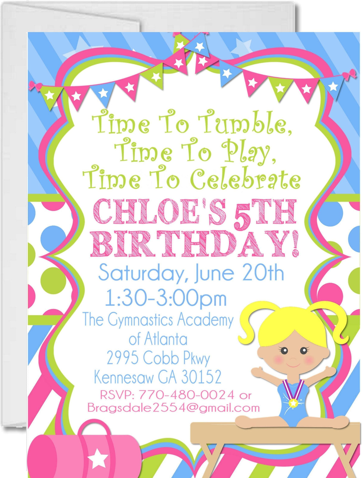 girls gymnastics birthday invitations tumbling party theme