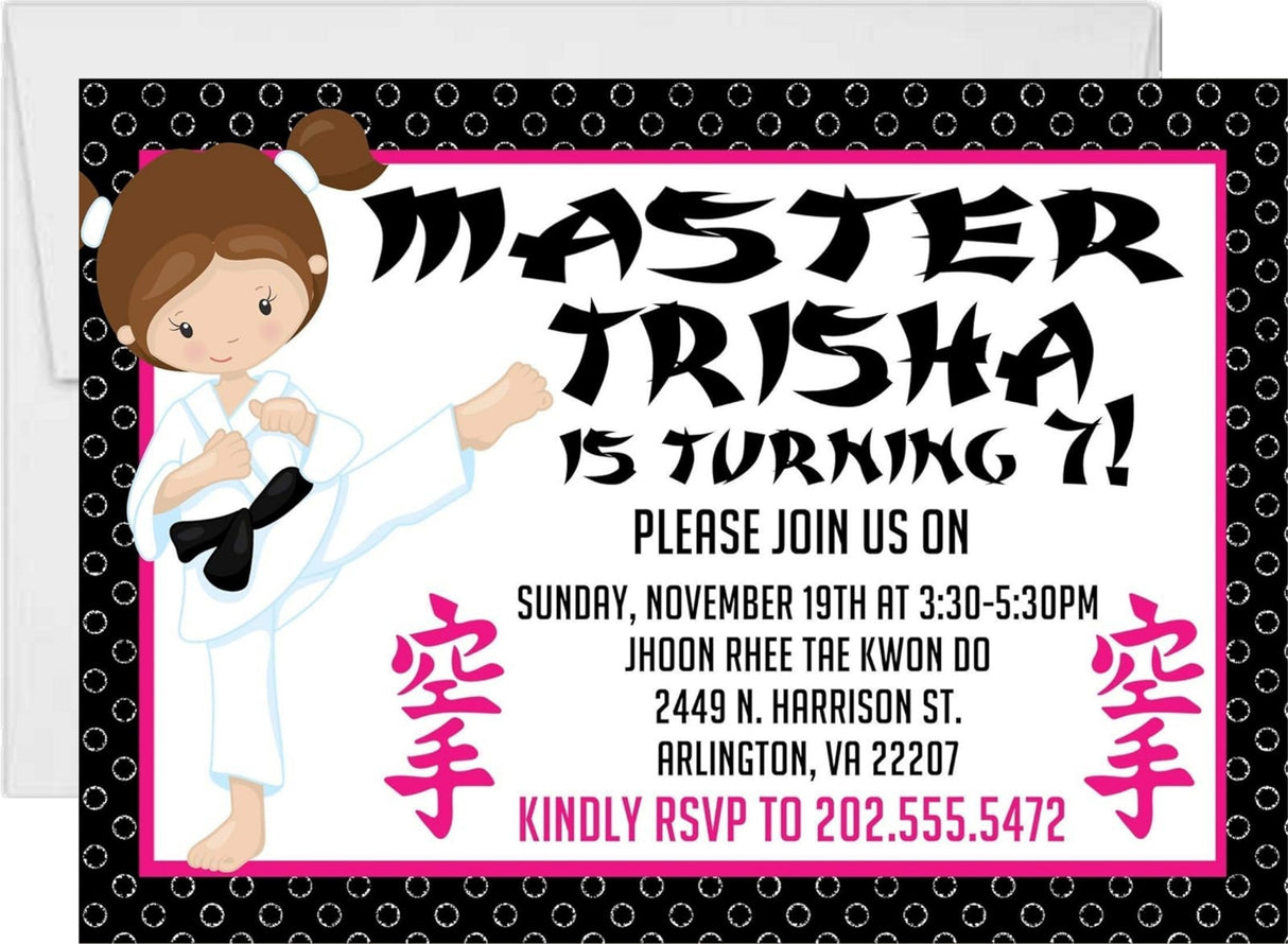 girls pink black karate birthday invitations