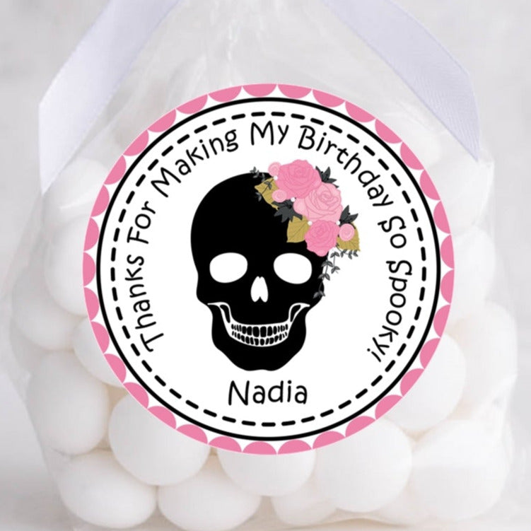 girls pink skull halloween birthday sticker