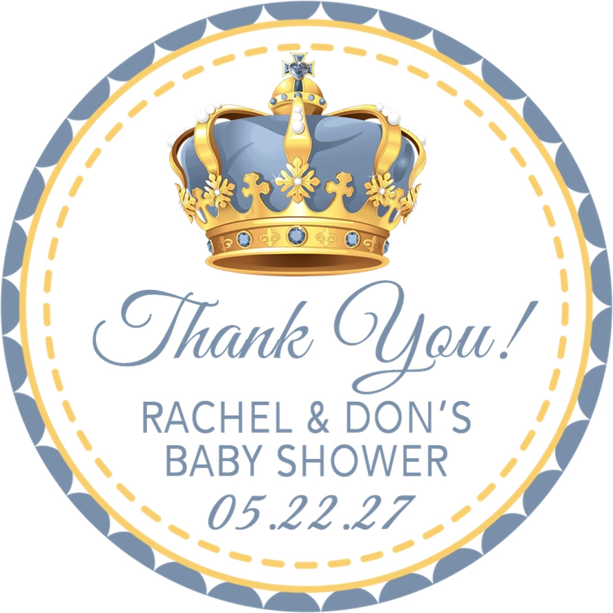 gold and neutral crown baby shower sticker with elegant royal design and personalized text