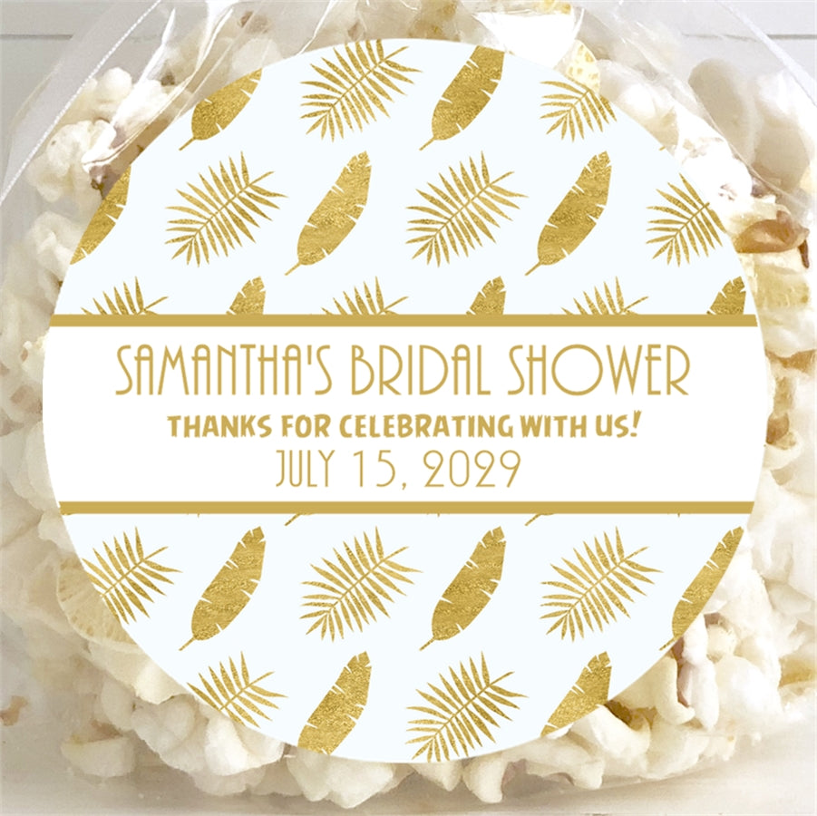 gold tropical bridal shower stickers with palm leaves