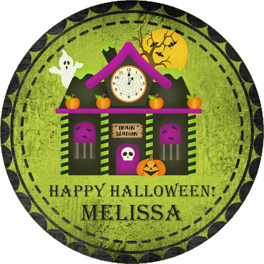green haunted train station halloween treat bag sticker