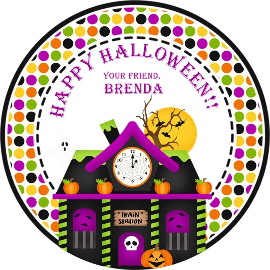 haunted train station halloween sticker pumpkin ghost design