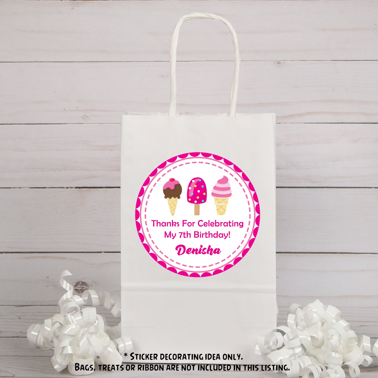 Pink scalloped border ice cream sticker for girls’ birthday party.