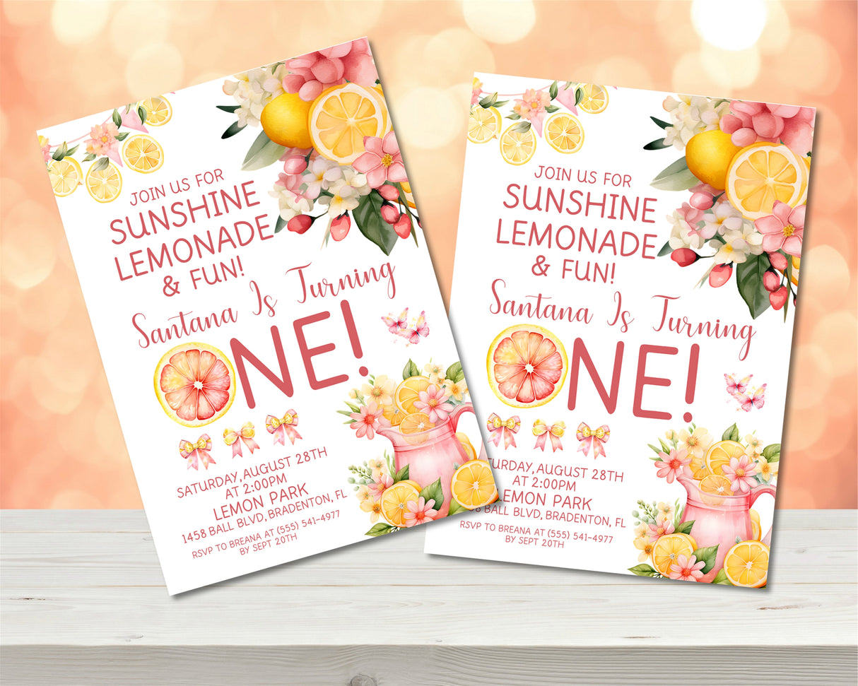 1st Birthday Pink Lemonade Birthday Party Invitations