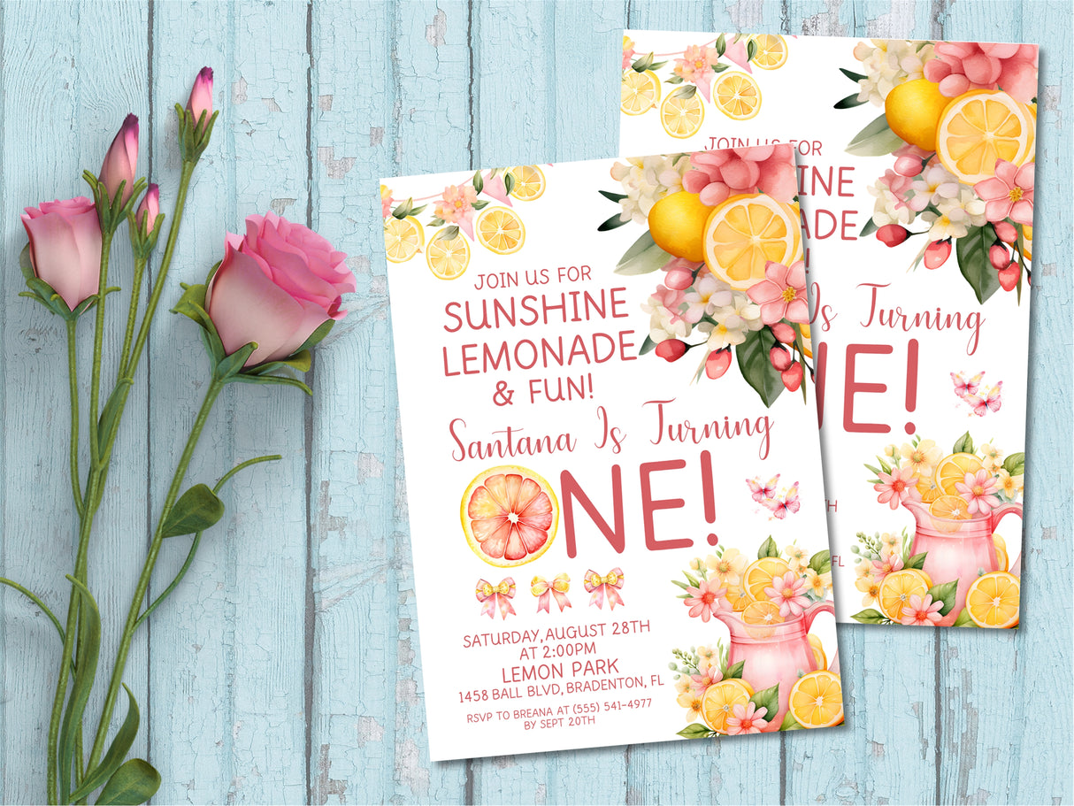 1st Birthday Pink Lemonade Birthday Party Invitations