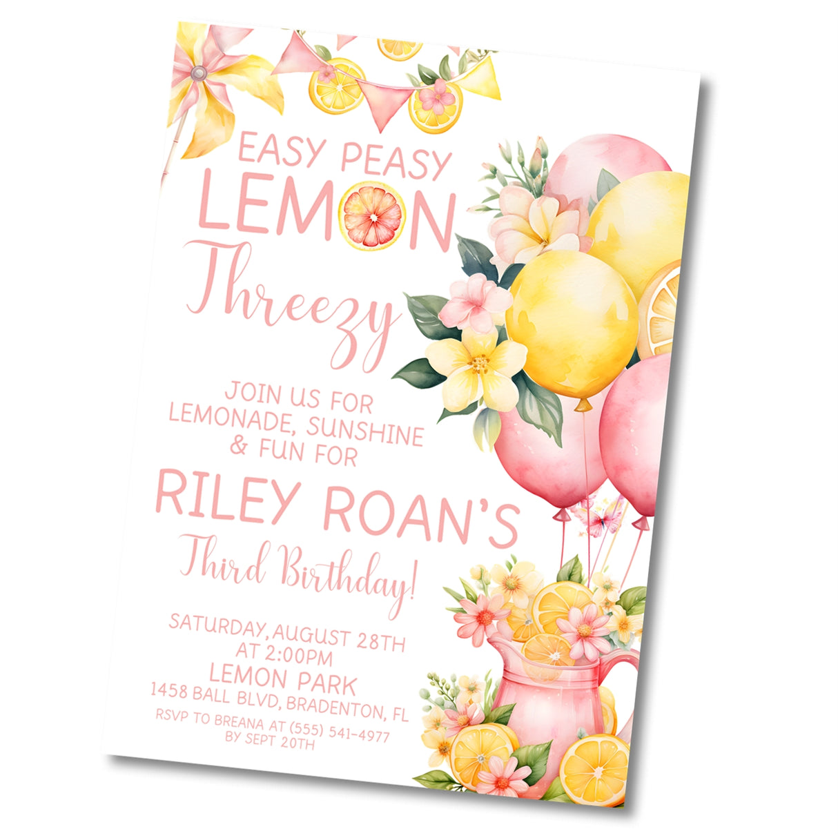3rd Birthday Pink Lemonade Birthday Party Invitations