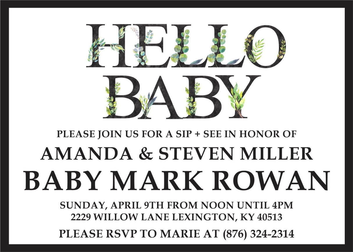 modern sip and see invitations eucalyptus floral theme