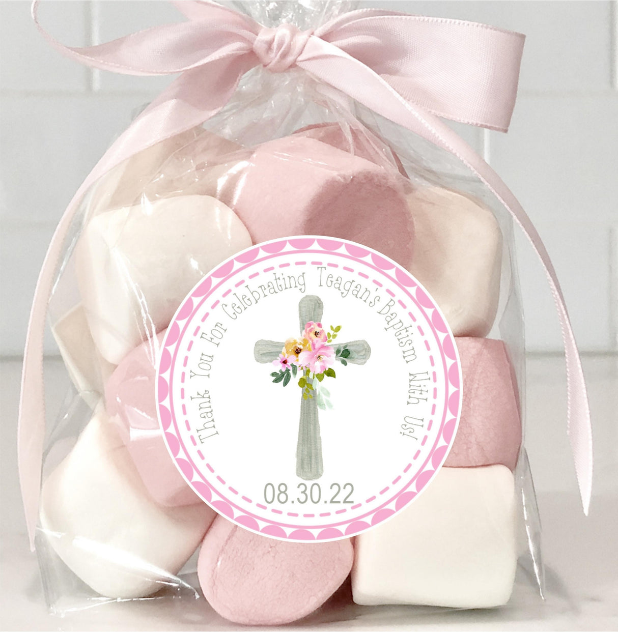 personalized pink baptism sticker with cross and florals