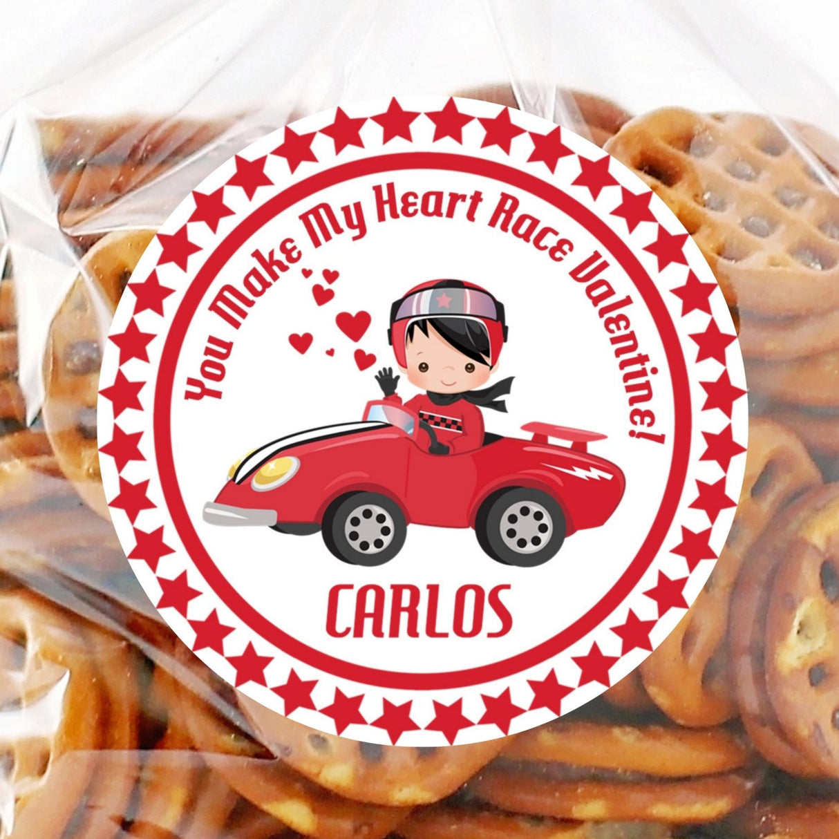 personalized racecar valentine sticker with red racing car and hearts