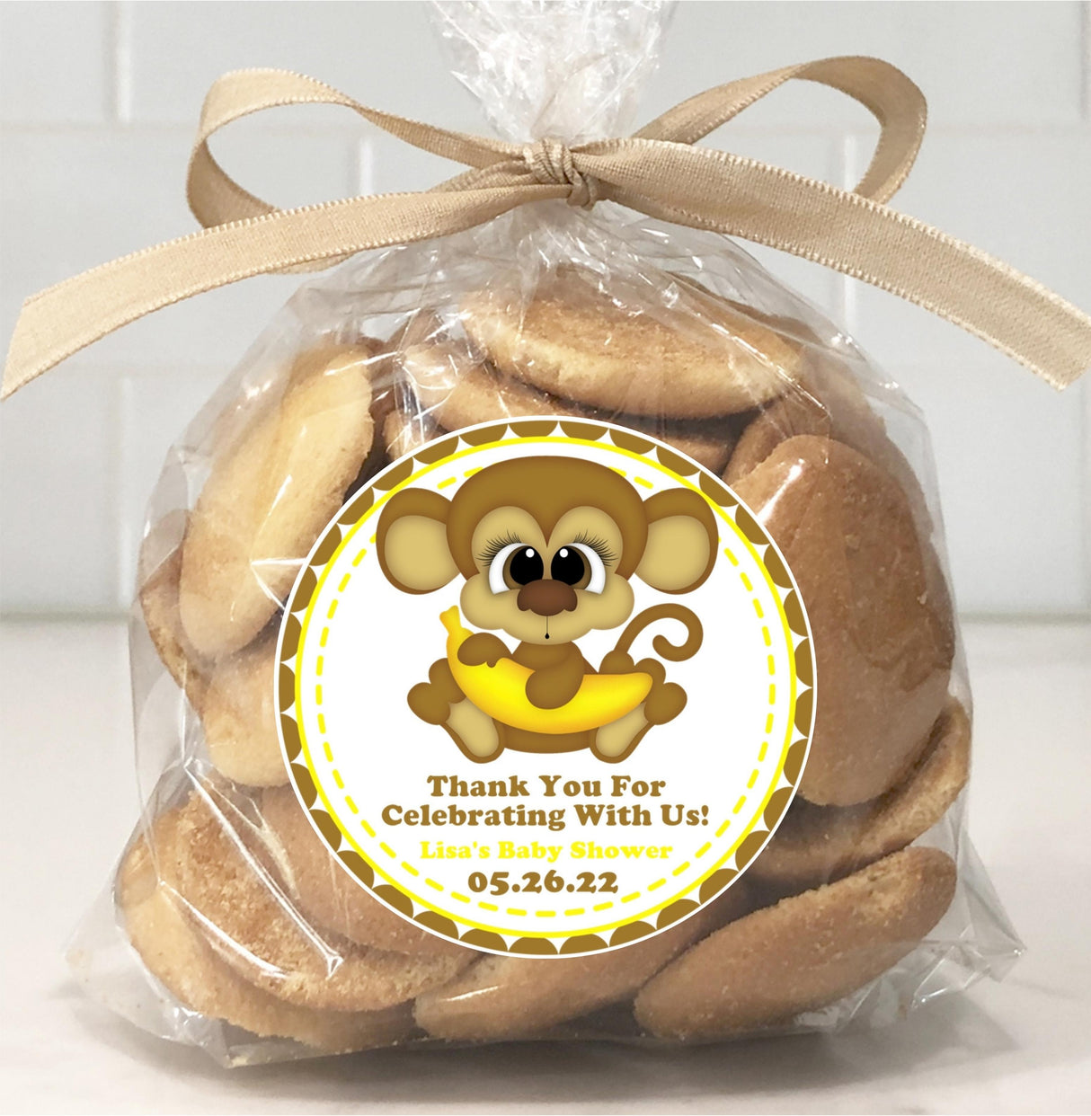 personalized yellow monkey thank-you sticker for baby shower favors