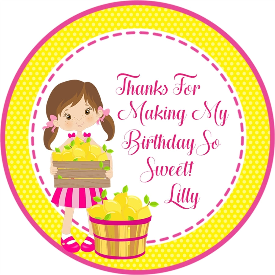 pink and yellow lemon birthday sticker label