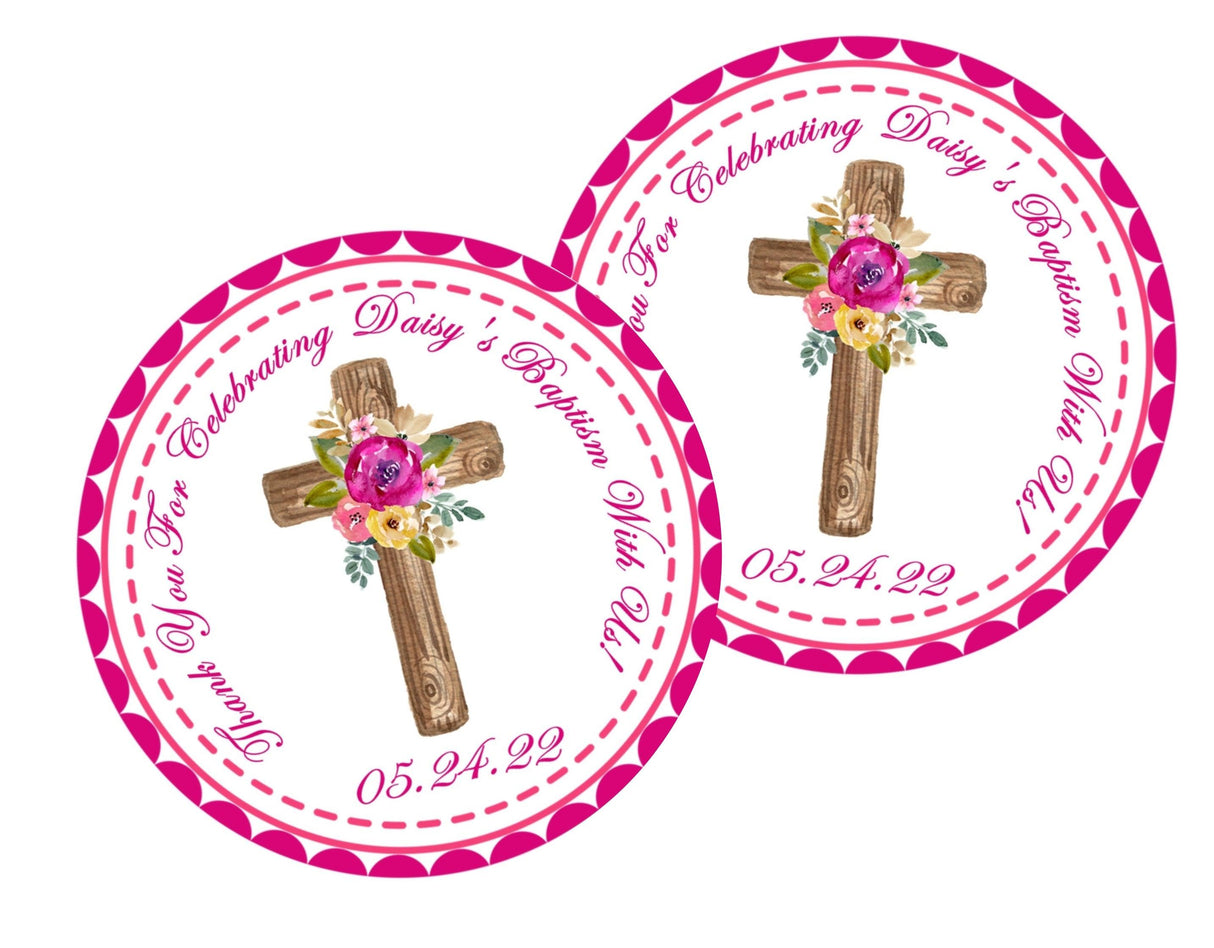 pink baptism favor label with watercolor florals and cross