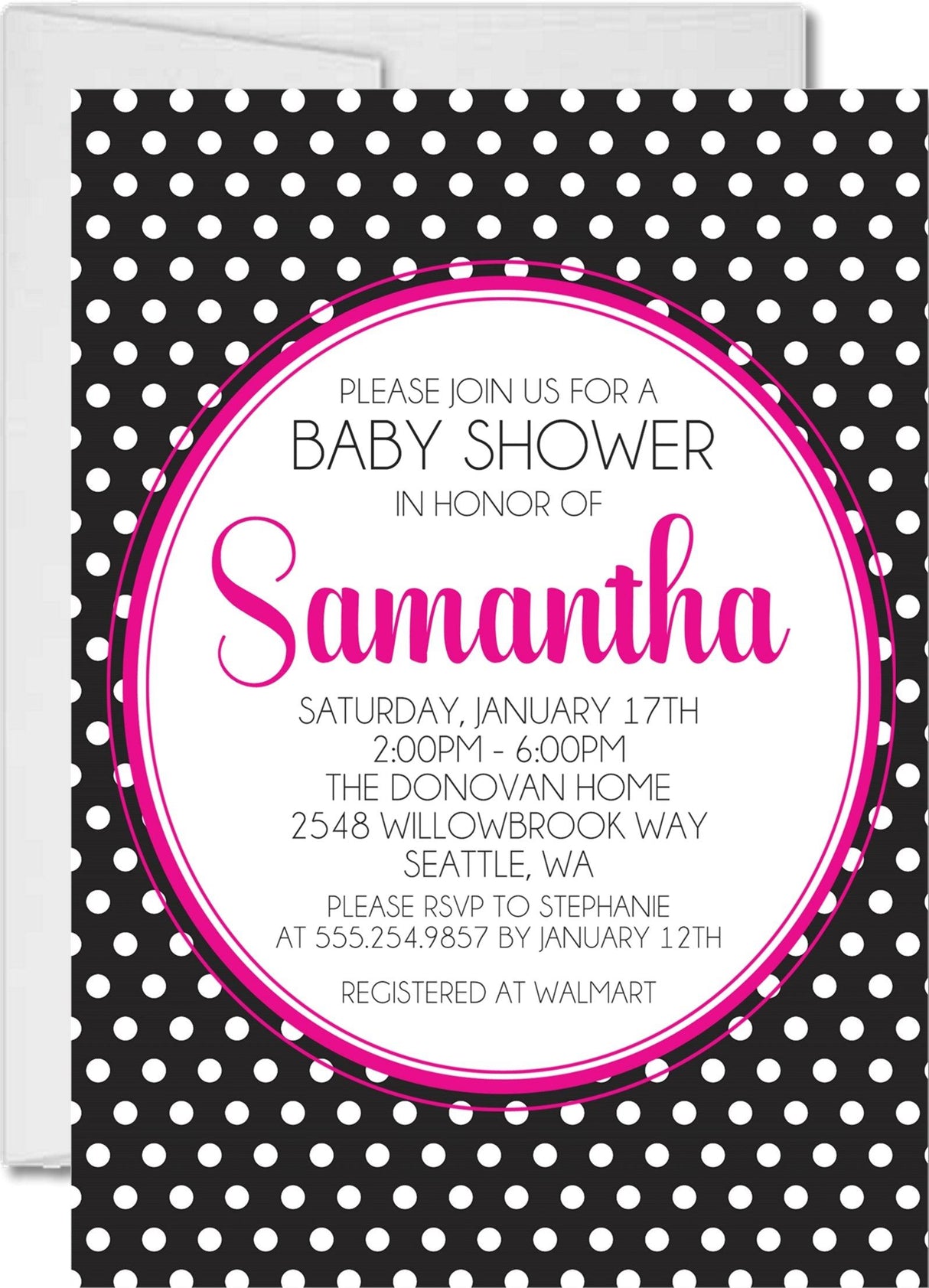 pink black white polka dot baby shower invitations