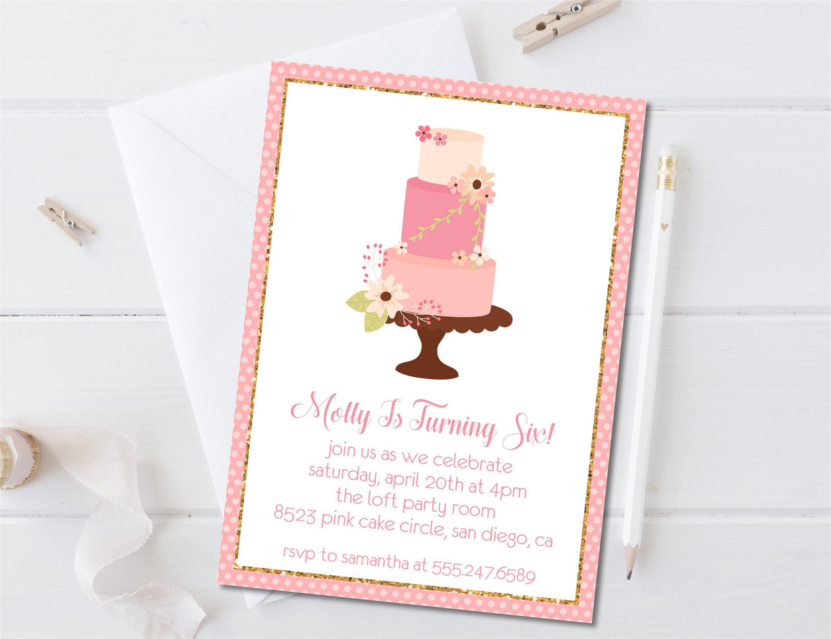 pink cake birthday invitations feminine floral theme