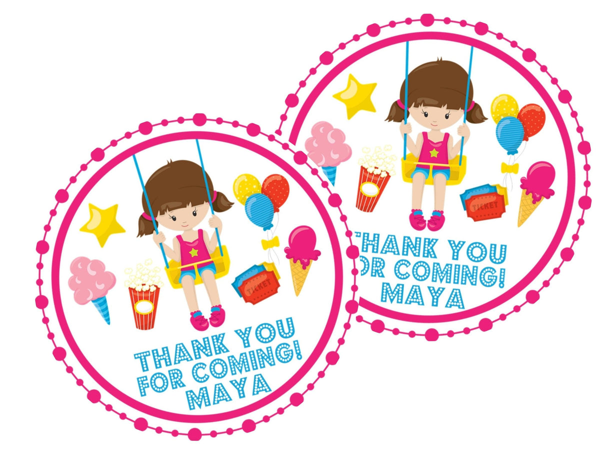 pink carnival party favor labels with girl illustration