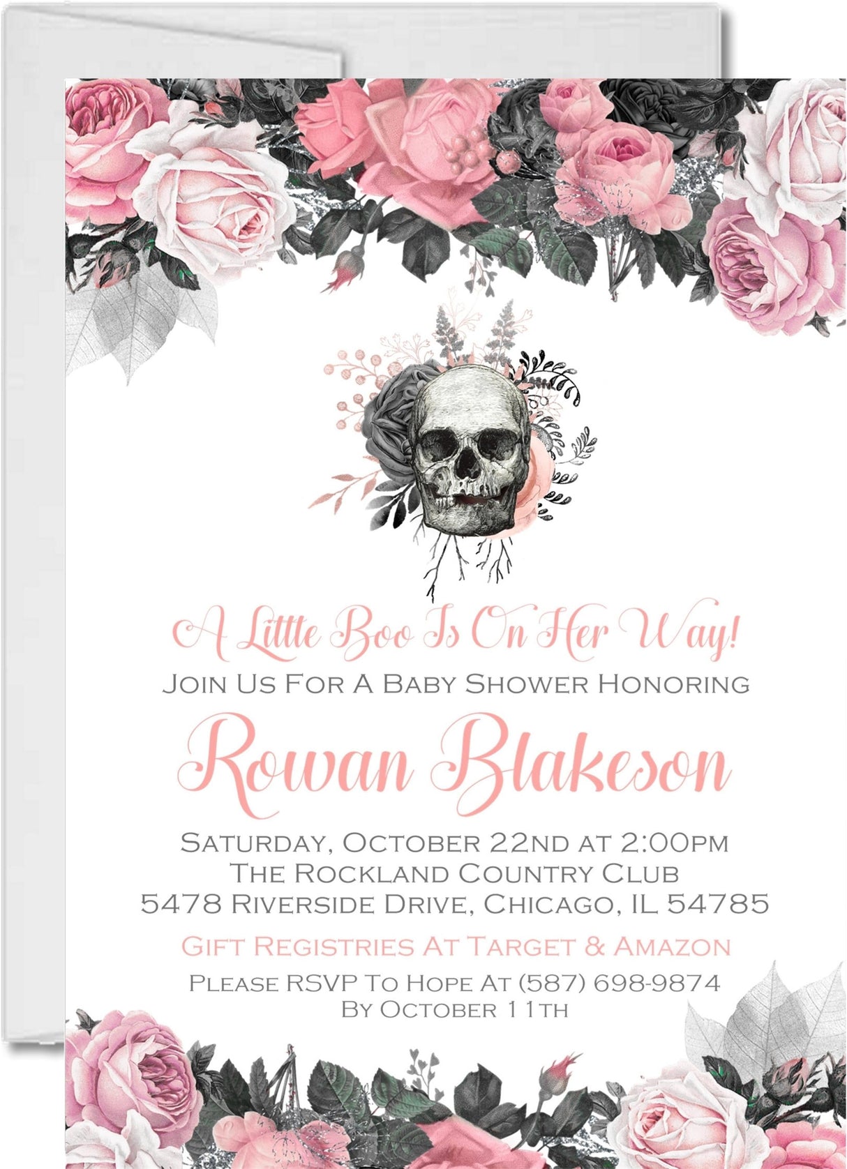 pink floral skull baby shower invitations alternative theme