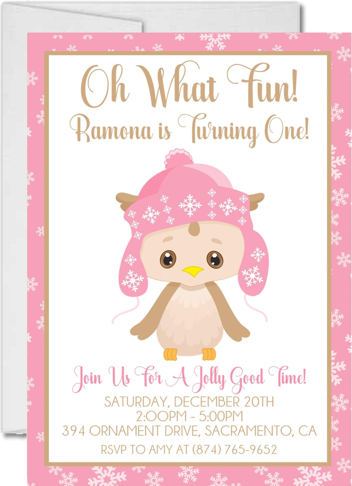 pink girls winter snowflake owl 1st birthday party invitation