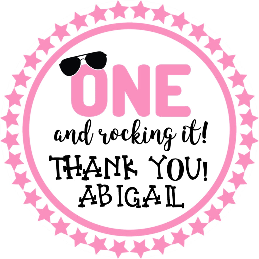 pink one rocking birthday sticker with sunglasses and star border