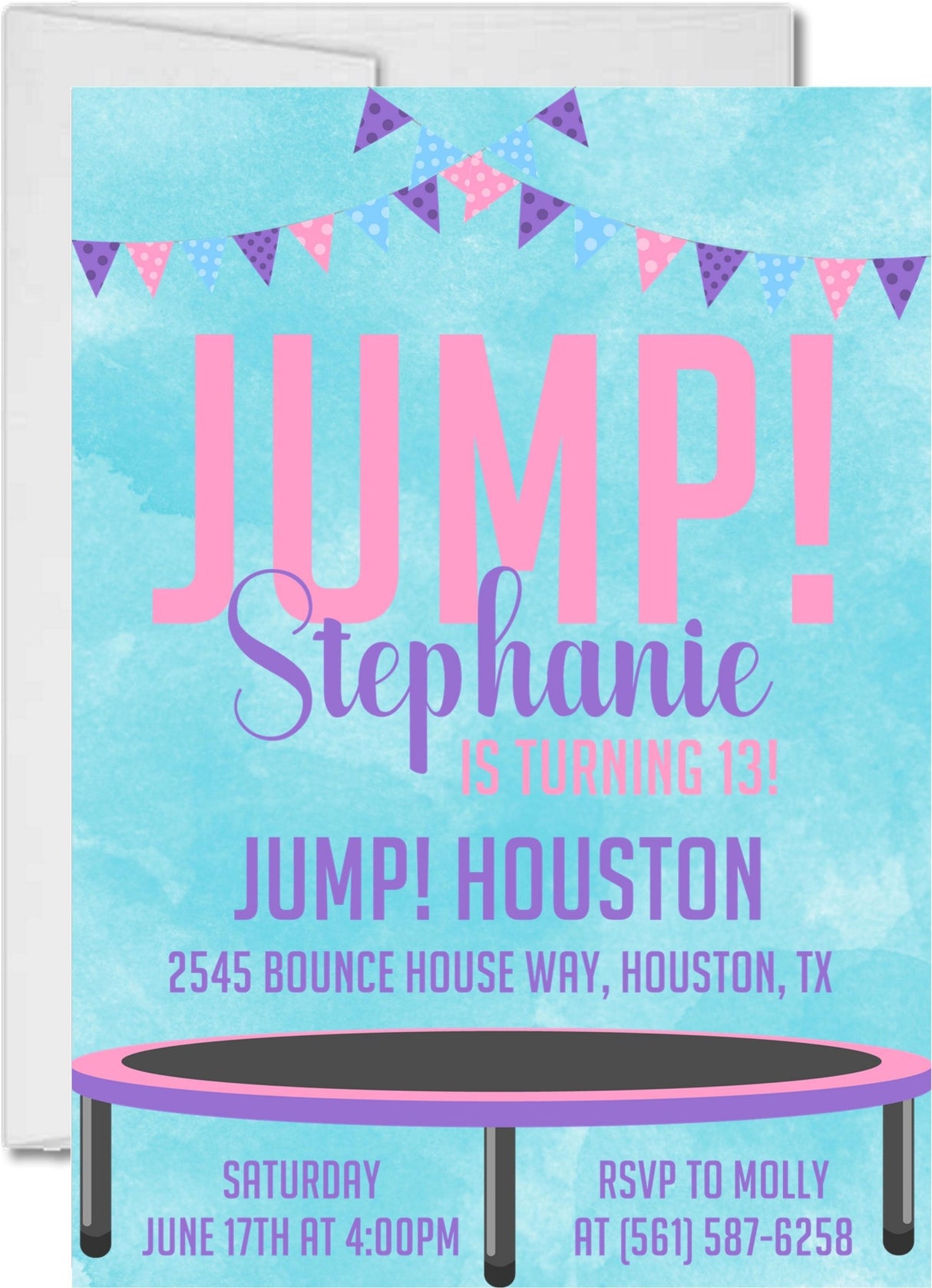 pink purple jump birthday invitations trampoline party theme