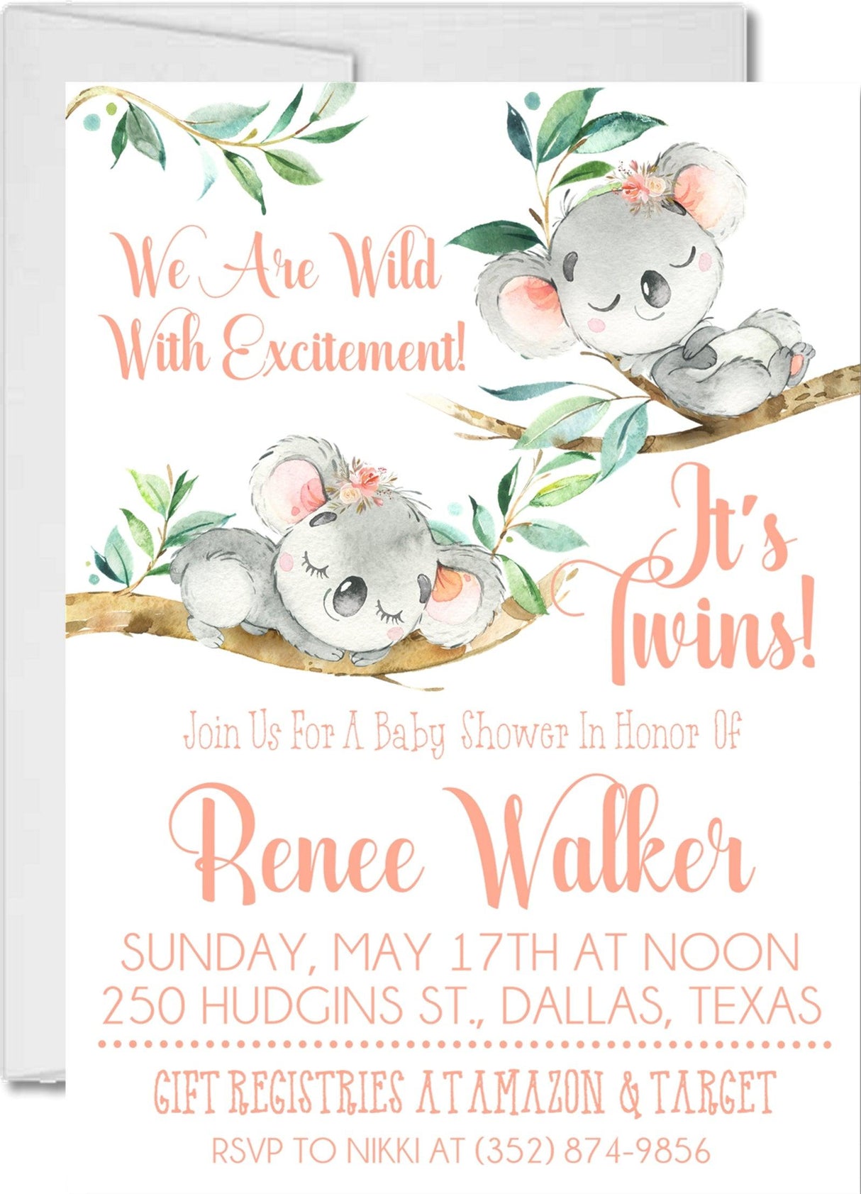 pink twin koala baby shower invitations floral woodland theme