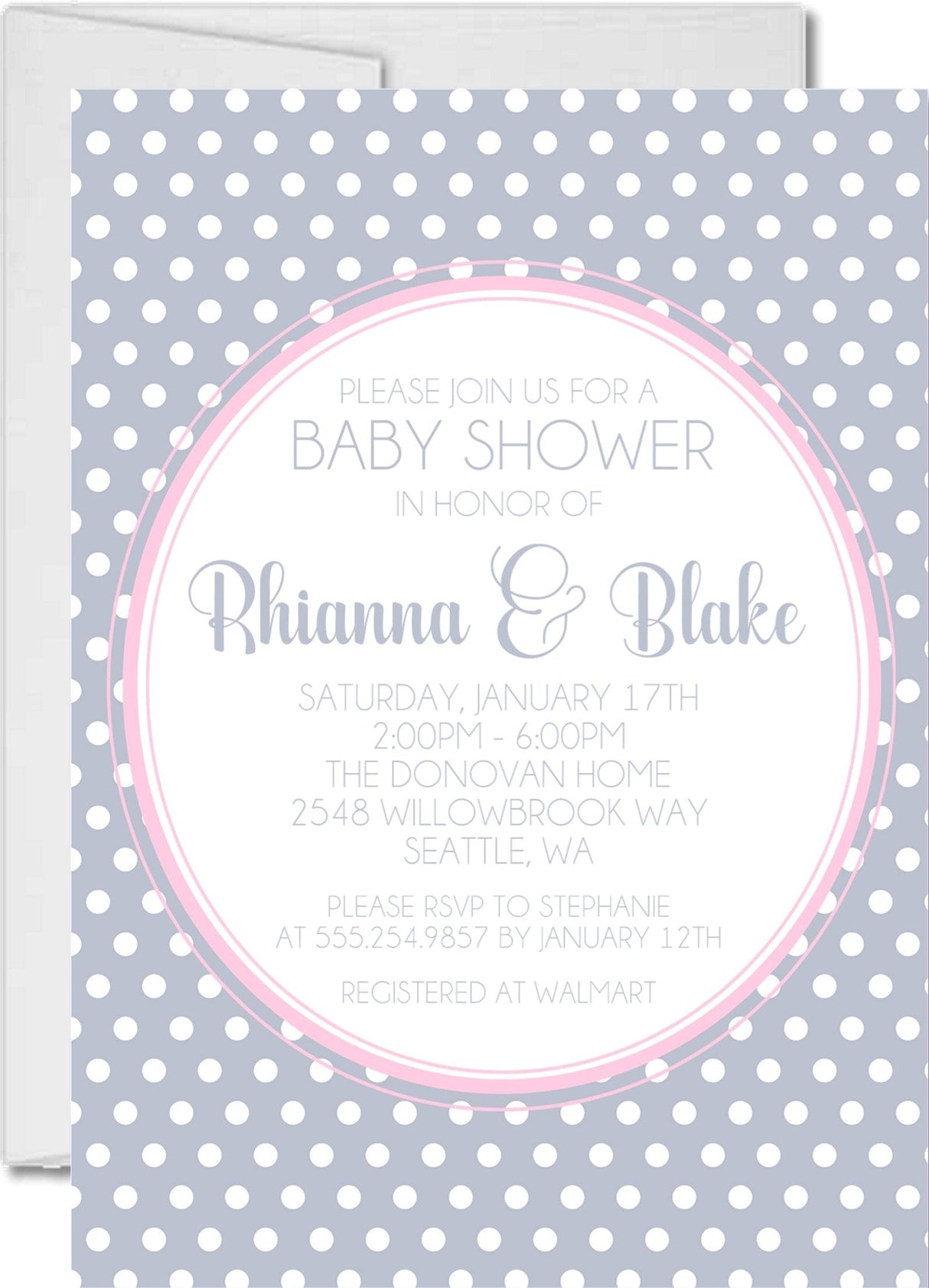 pink white gray polka dot baby shower invitations