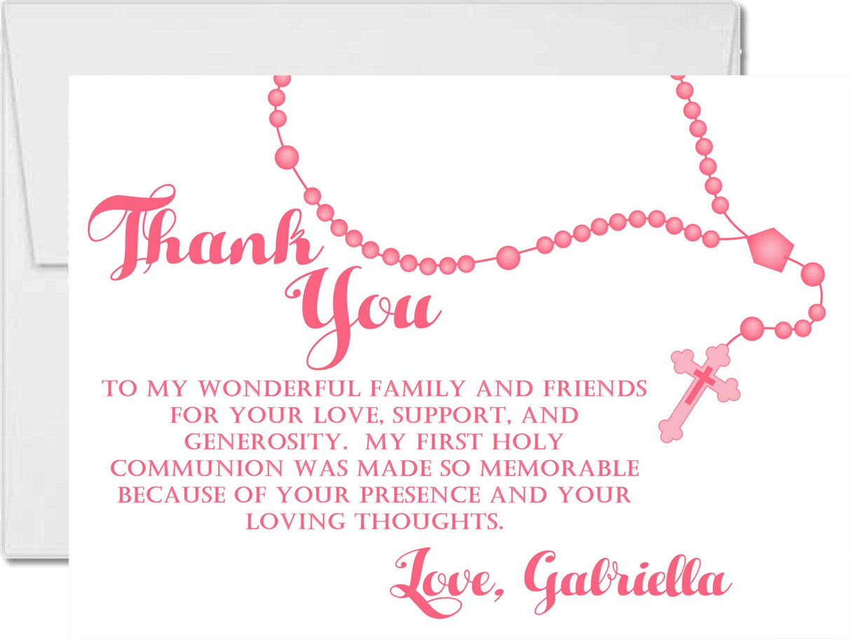 pink white rosary communion thank you cards floral religious design