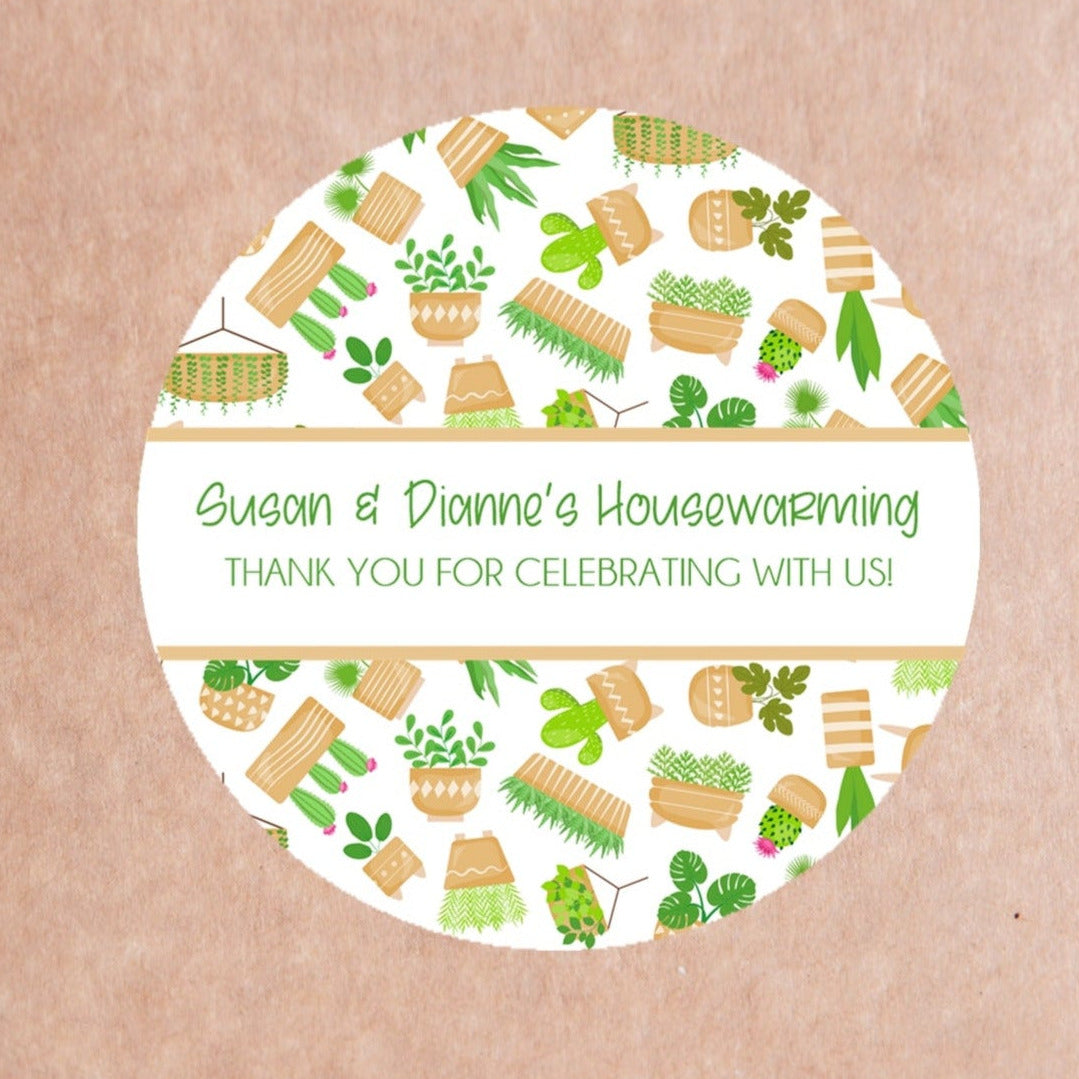 Beige and green housewarming stickers with mini potted plant design