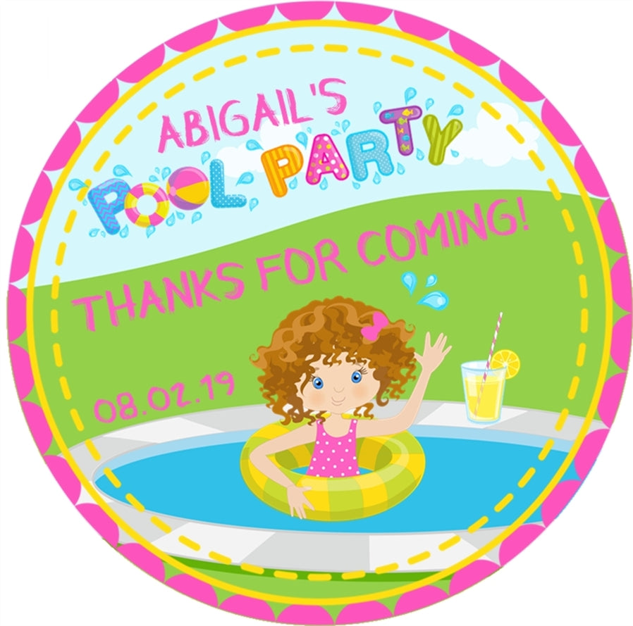 pool party birthday sticker with girl in pool float design