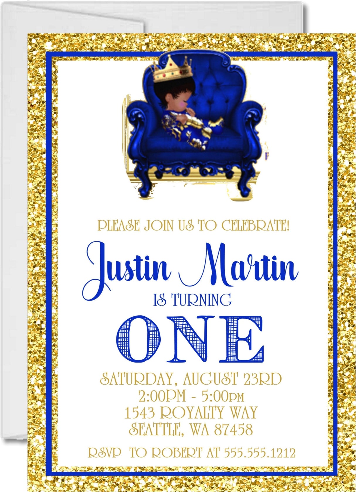 prince 1st birthday invitations royal blue gold design