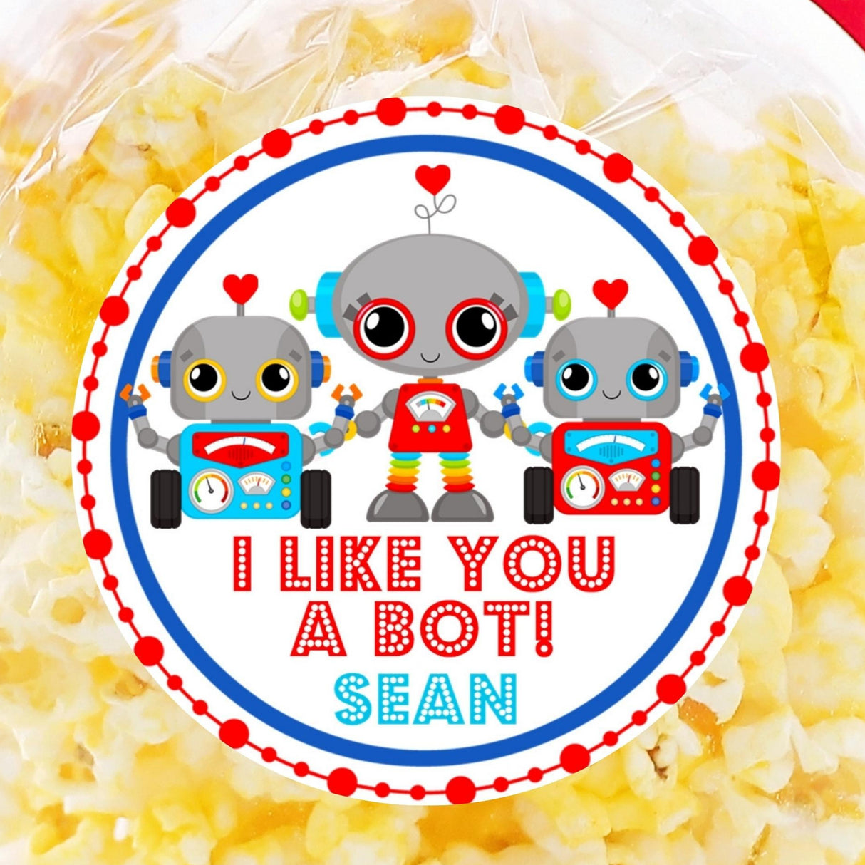 red and blue robot valentine stickers personalized with name