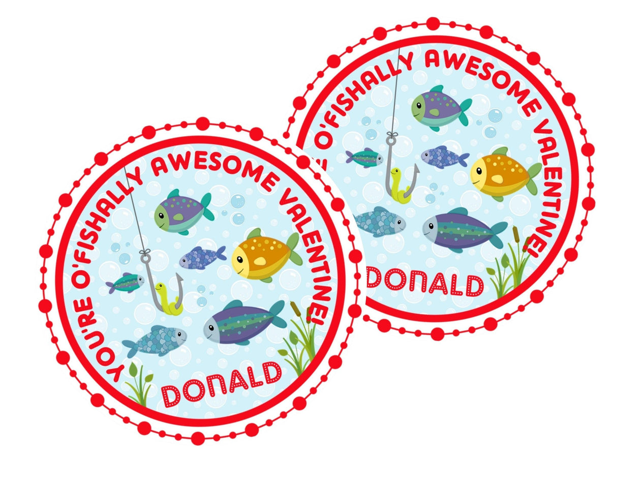 red border ocean valentine label with bubbles and school of fish