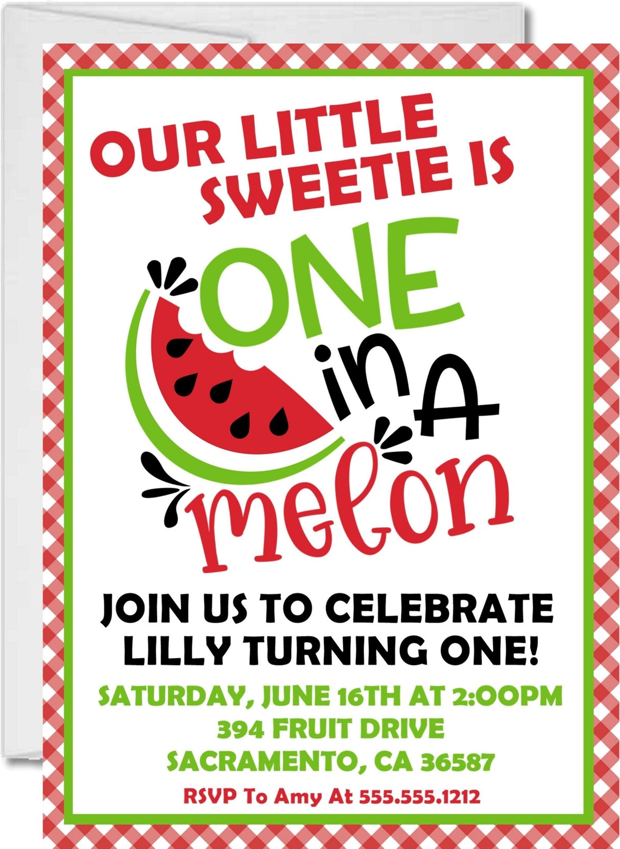 red green black watermelon invitation cards girls first birthday style
