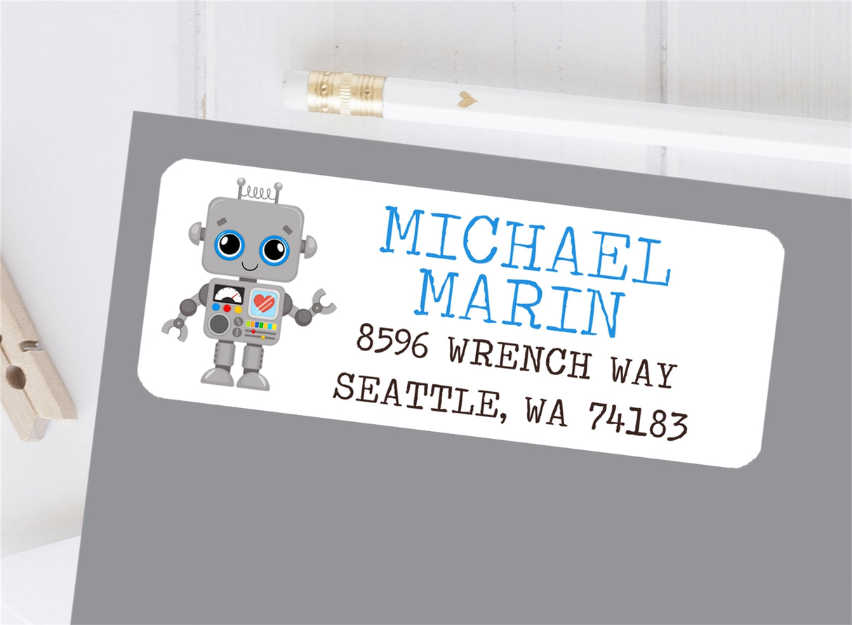 robot themed personalized mailing label