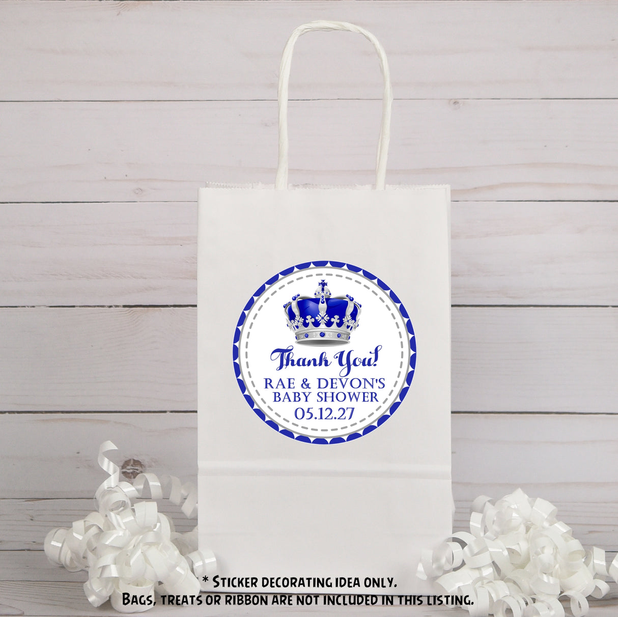 royal blue and silver crown baby shower sticker with elegant thank you wording and circular border