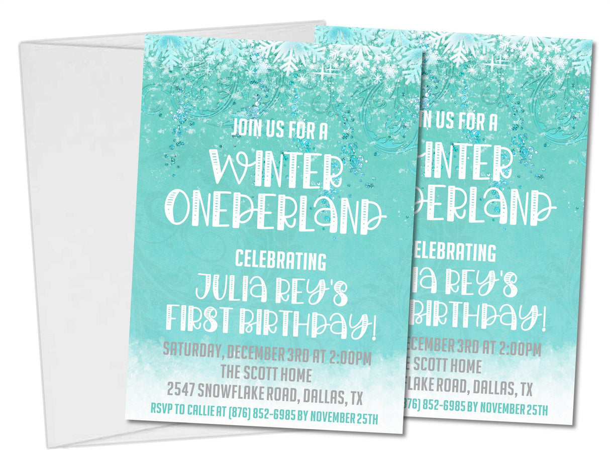 snowflake first birthday invitations blue winter theme