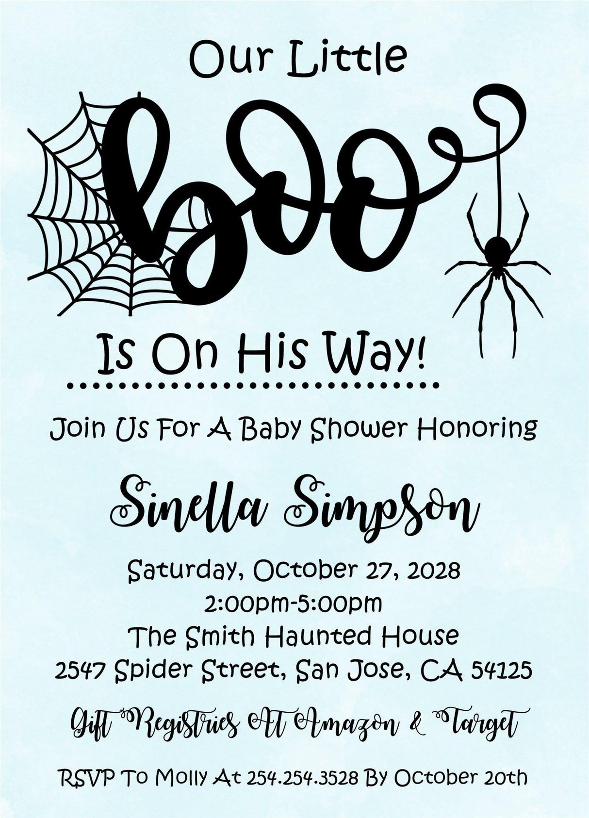 spider baby shower invitation cards blue halloween style