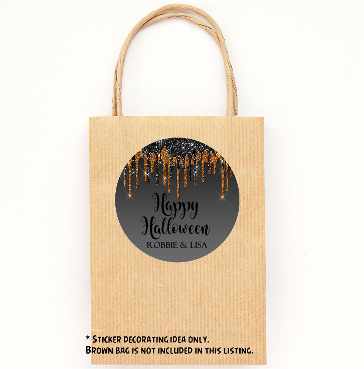 stylish halloween party sticker with dramatic black and orange color palette