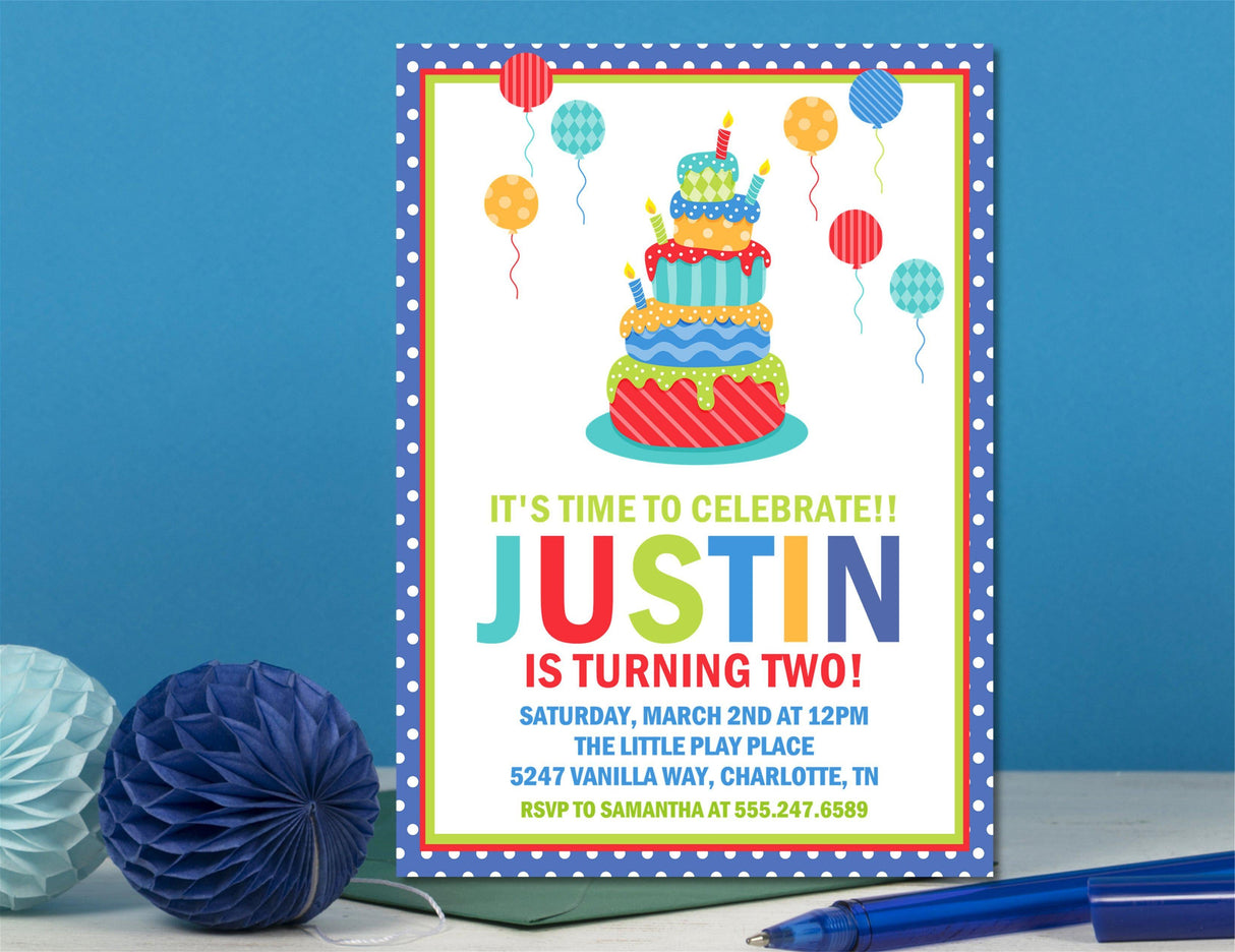 tiered cake birthday invitations festive balloon theme