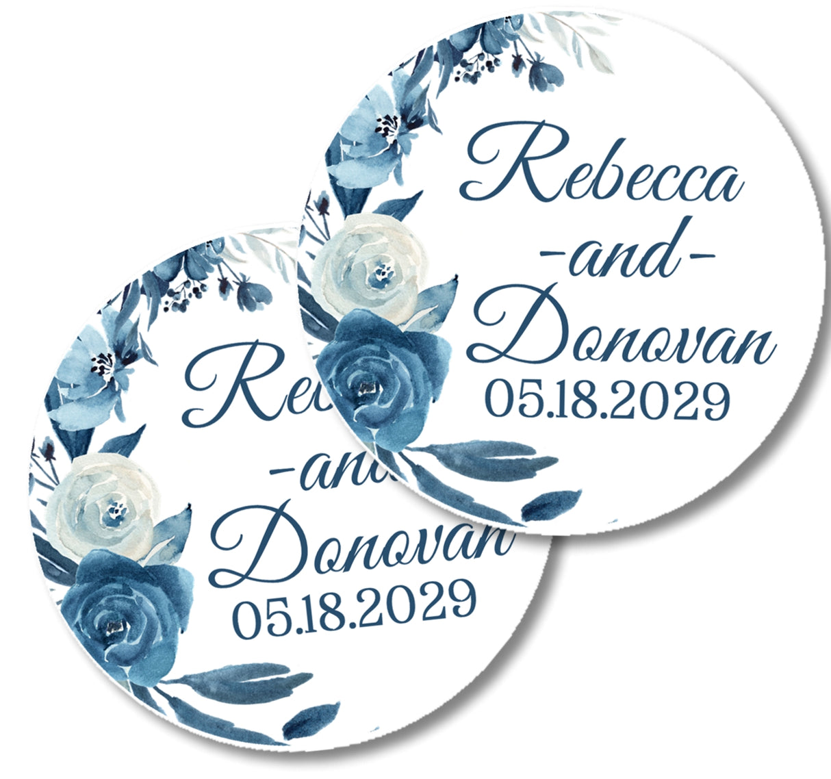 Navy blue watercolor floral wedding favor stickers printed on matte sticker paper.