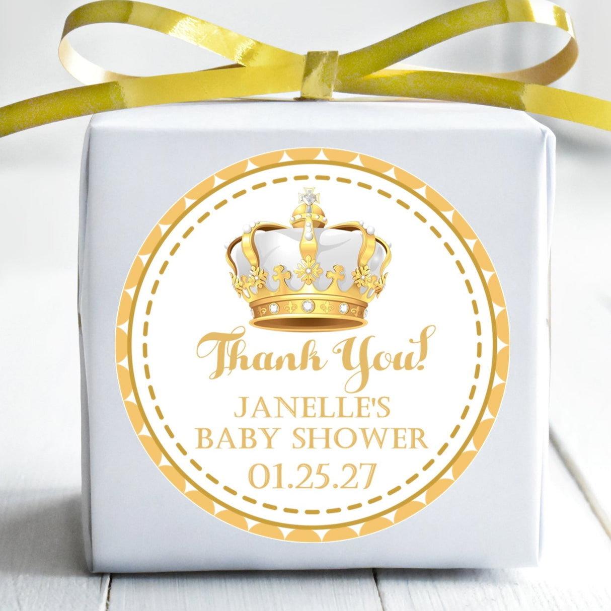 white and gold royal crown baby shower sticker