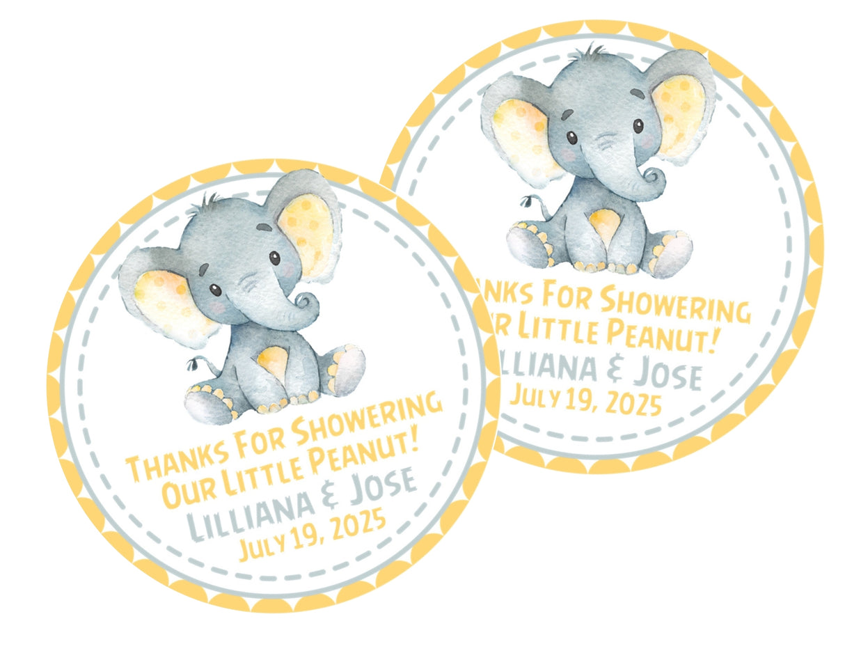 Watercolor elephant baby shower favor sticker – yellow safari theme