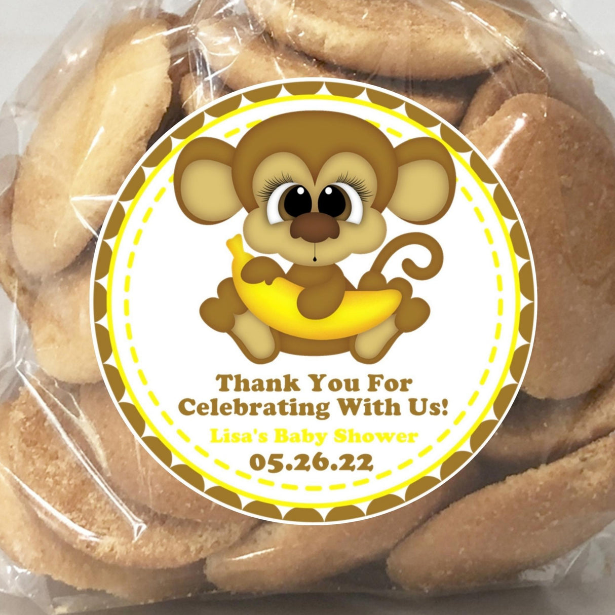 yellow monkey baby shower sticker holding banana