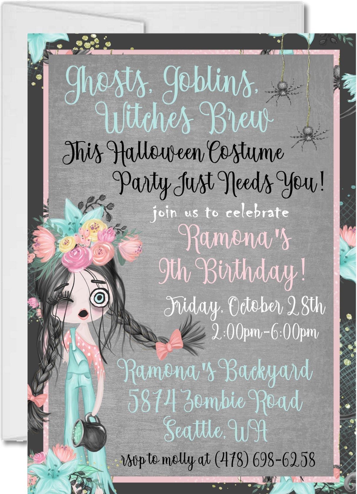 zombie halloween birthday invitations spooky girl design